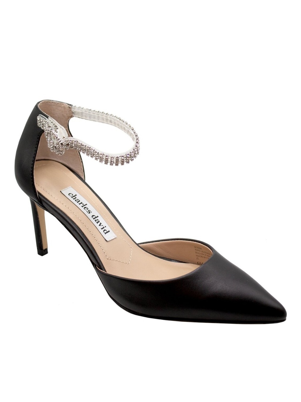 Charles David Acker Black Pointed Leather Pump with Crystal Anklet Size 7